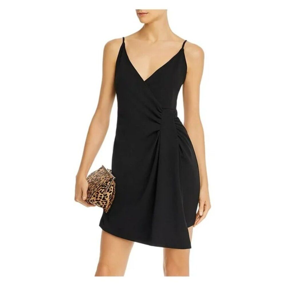 Nwt Aqua Lbd Black Spaghetti Strap Mini Cocktail Dress With Side Ruching Lg New